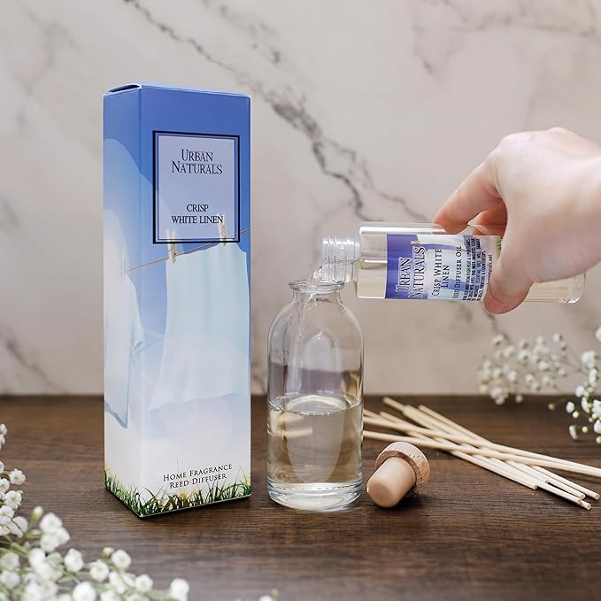 Urban Naturals Crisp White Linen Reed Diffuser Gift Set | with Citrus, Ozone, Ylang-Ylang, Lilies & Sandalwood Scent Notes for a Fresh, Clean Cotton Smelling Home | Made in the USA – Great Deal!