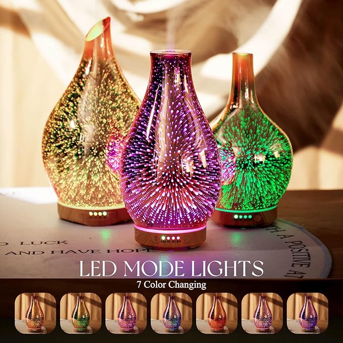 Porseme Essential Oil Diffuser 3D Glass Aromatherapy Ultrasonic Humidifier Cool Mist, Auto Shut-Off, Timer Setting, BPA Free for Home Office Hotel Yoga Gym Leisure SPA Gift 100ml