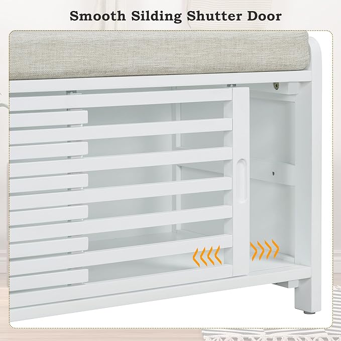 Amposei Modern Classic Storage Bench 43.3-Inch Wooden Entryway Shoe Storage Bench Cabinet with Removable Seat Cushion & Sliding Shutter-Style Doors for Living Room Entrance Hallway, White
