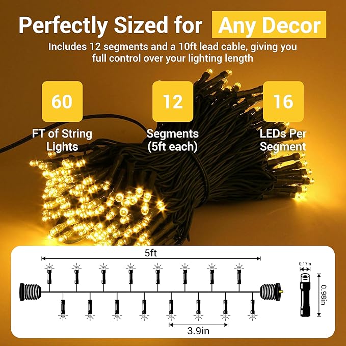 Magnetic String Lights - 60ft LED Fairy Lights with Quick Connect - Indoor Plug in - Warm & Bright White - Dorm Room Decorations