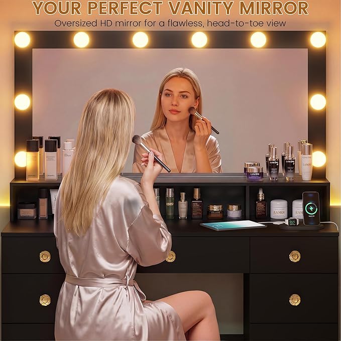 Vanity Desk with Large Lighted Mirror, Makeup Vanity with Power Outlet, 9 Drawers & Storage Shelf, Dressing Vanity Table with 3 Lighting Modes for Women, Girls, Bedroom