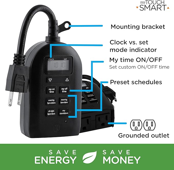 myTouchSmart 26898-P1 Indoor/Outdoor Weather Resistant Digital Plug-in Timer, Custom Presets