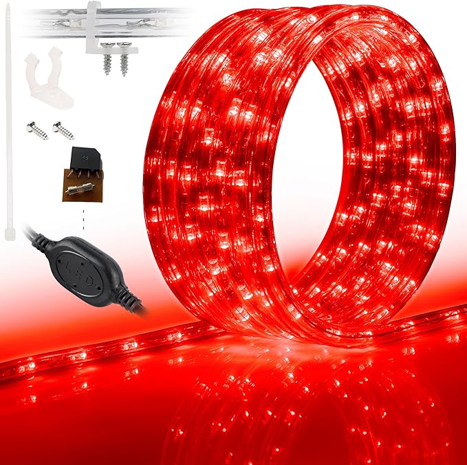 WYZworks 216LEDs, 20ft LED Outside Rope Lights, Waterproof Permanent Outdoor ETL Certified Connectable Clear Tube, Christmas Palm Tree Holiday Decorative Landscape Patio Accent Lighting - Red