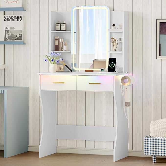Vanity Desk with LED Lights Mirror & Power Outlet, Small Makeup Vanity Table Set with Storage Drawers, 3 Lighting Modes & Adjustable Brightness, Dressing Table for Women Girls Bedroom, White(NO Stool)