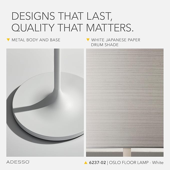Adesso Floor Lamp with Scratch Proof and Corrosion Resistant Body - Perfect Lighting for Bedroom, Living Room and Corner Decor, Matte White