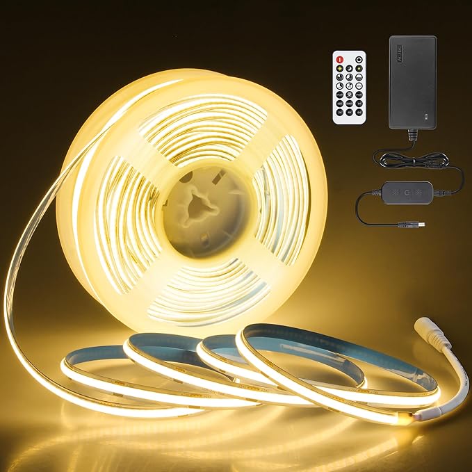65.6FT/Roll COB Led Strip Lights 3000K 24V with Dam-Process Dimmable LED Light Strip with Remote/App CRI 90+ Warm White 480LED/M Super Bright Flexible LED Tape Light for Bedroom Cabinet DIY Lighting