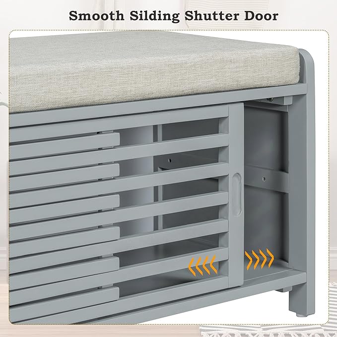 Amposei Modern Classic Storage Bench 43.3-Inch Wooden Entryway Shoe Storage Bench Cabinet with Removable Seat Cushion & Sliding Shutter-Style Doors for Living Room Entrance Hallway, Gray