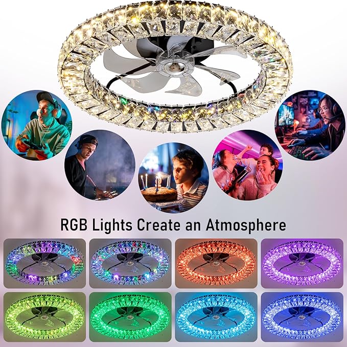 RGB Ceiling Fans with Lights, 22" Low Profile Ceiling Fan with Light,Smart Bladeless LED Fan Light with Remote/APP Control,Black Ceiling Fan for Bedroom
