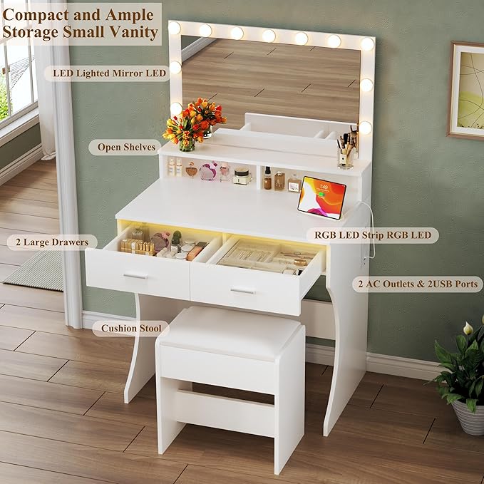Vanity Desk with Mirror and Lights, Small Makeup Vanity with Power Outlets and RGB LED Strip, Bedoom Vanity Table Set with Cushion Stool and 2 Storage Drawers, 3 Color Modes, Bright Adjustable, White