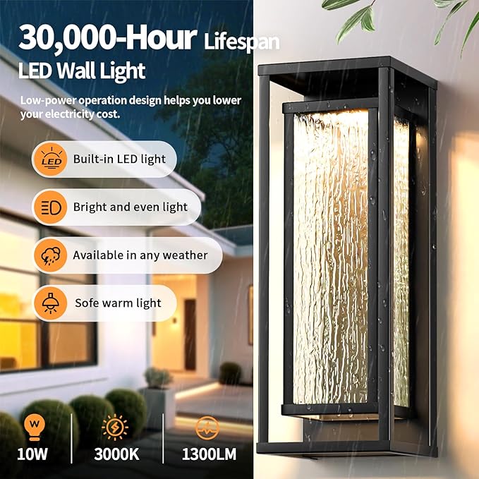 16'' LED Outdoor Wall Lights 2 Packs, 3000K Porch Lights Outdoor Sconce Lights with Water Ripple Glass, Modern Exterior Lighting Fixtures Outdoor Lantern, Outside Lights for House Garage Patio, Black