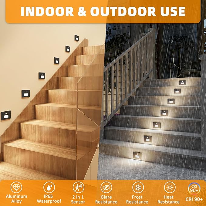 Motion Sensor Stair Lights Indoor Outdoor, 5CCT Dimmable LED Step Lamp with Switch, 4W 300LM, 2700K-6500K, IP66 Waterproof Hardwired 120V Stairway Staircase Walkway Lighting- Black, 12 Pack, ETL