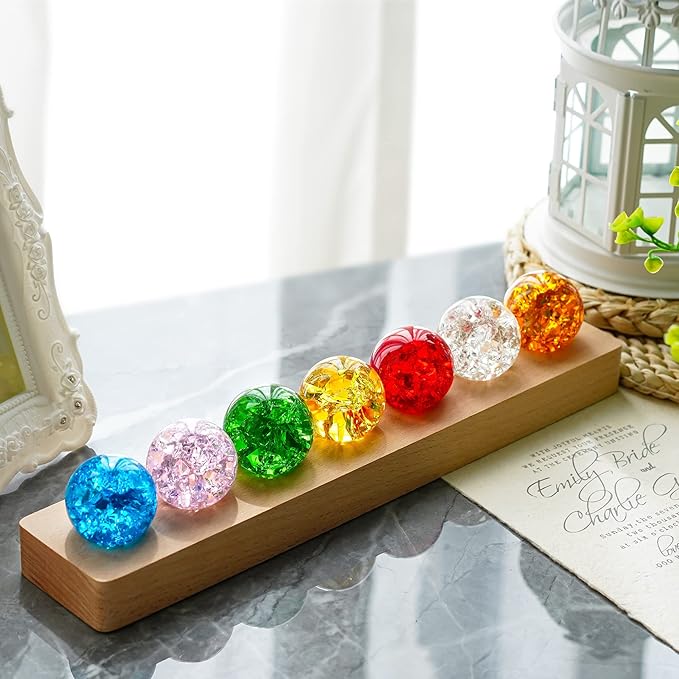 7 Colors Ice Cracked Balls with LED Wooden Base 40mm Healing Sphere Balls Set Crystal Chakra Night Light Decor for Home Valentines Day Gifts for Her