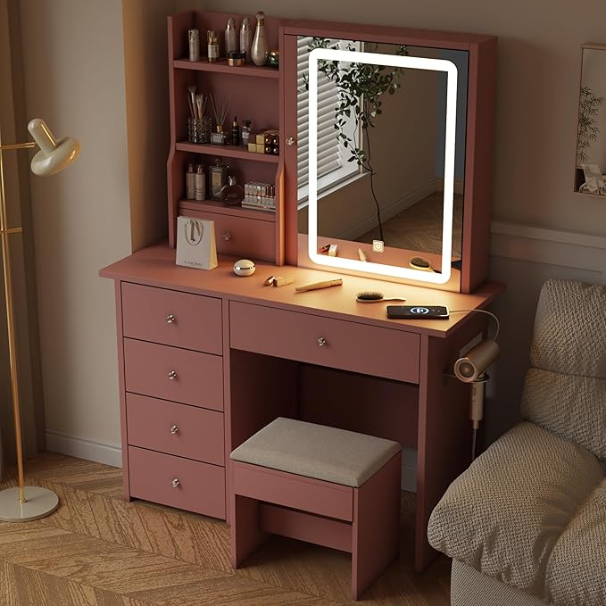 ALEAVIC Vanity Desk with Mirror and LED Lights, Makeup Vanity Set with Power Outlet, and Stool,Jewelry Storage,Pink Vanity Desk for Bedroom