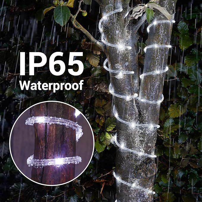 Solar Rope Lights, 33ft 100LED Solar String Lights, 8 Modes Waterproof Solar Powered Outdoor Light, Flexible Clear Tube Light for Garden, Backyard, Patio, Deck, Porch, Pool, Tree Decorative - White
