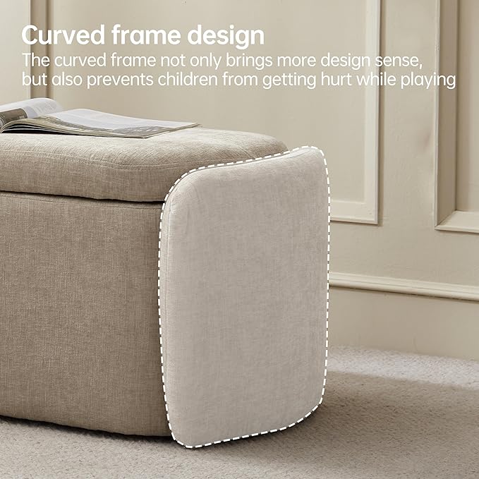 VKNOW 46" Oval Storage Ottoman Bench, Upholstered End of Bed Bench Ottomans Bench Foot Rest, Sherpa Storage Bench for Bedroom, Living Room and Hallway, Light Brown