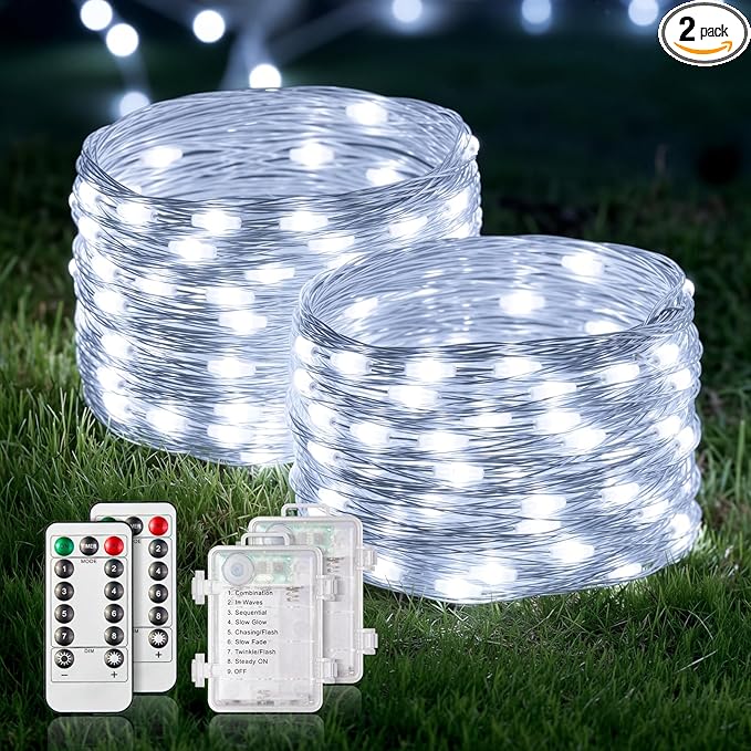 Led Fairy Lights Battery Operated, 2 Pack Outdoor String Lights, Mini Battery Powered Copper Wire Starry Fairy Lights for Bedroom, Christmas, Parties, Wedding, Centerpiece (White)