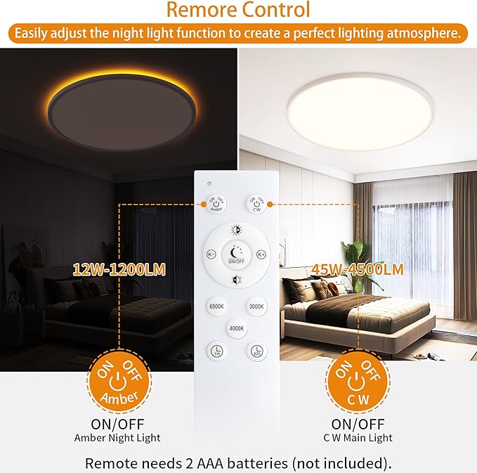 Flush Mount Ceiling Light with Night Light, 19in LED Ceiling Lights with Remote Control, 1800K Nightlights & 3000-6500K Dimmable Lamp Fixture, 45W 4500LM Low Profile for Bedroom, White