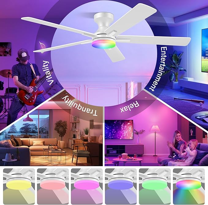 52 Inch Ceiling Fans with lights,RGB Low Profile Ceiling Fan with Light and Remote Control,APP,White Flush Mount Ceiling Fans for Modern Bedroom,Patio,Porch,Outdoor Indoor Use,Dimmable LED,6 Speed