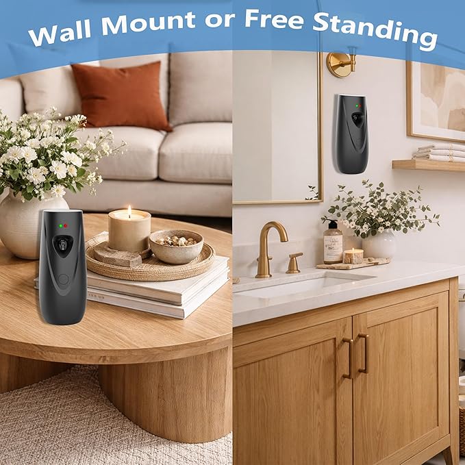 Automatic Air Freshener Spray Dispenser (2-Pack) Wall Mounted or Free Standing, Commercial and Home Use, Multiple Time Scent/Mist Release Settings for Room/Restroom Sprayer (Black1103)