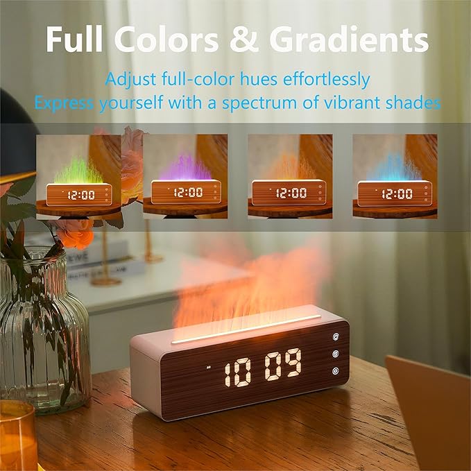 Flame Diffuser Humidifier, 700ml Large Fire Diffuser Humidifier for Desk, Full-Color Adjustable, Time & Humidness Display, 26dB Quiet, Cool Mist Diffuser, Essential Oil Diffuser for Bedroom