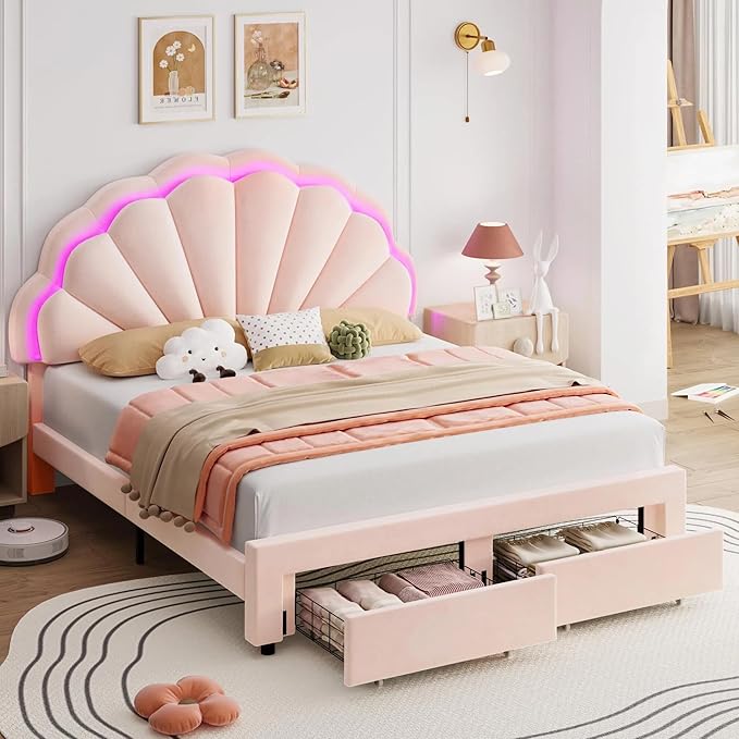 HIFIT Queen Upholstered Smart LED Bed Frame with 2 Storage Drawers & Adjustable Chic Double Petal Headboard, Velvet Princess Platform Bed with Solid Wood Slat/No Box Spring Needed/Easy Assembly, Pink