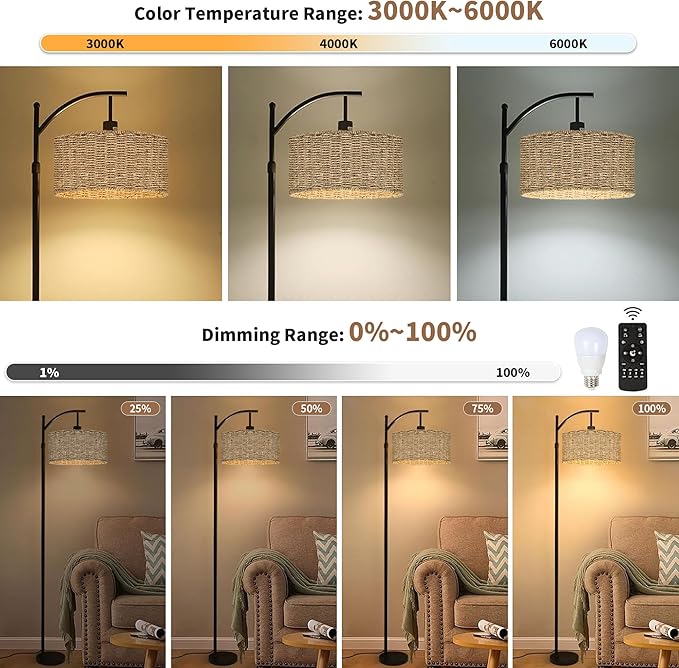 Arc Rattan Floor Lamp for Living Room with Remote,Black Floor Lamps with 3 Color Temperature Dimmable Bulb,Farmhouse Boho Standing Lamp with Wicker Shade,Adjustable Tall Lamp for Bedroom Office Corner