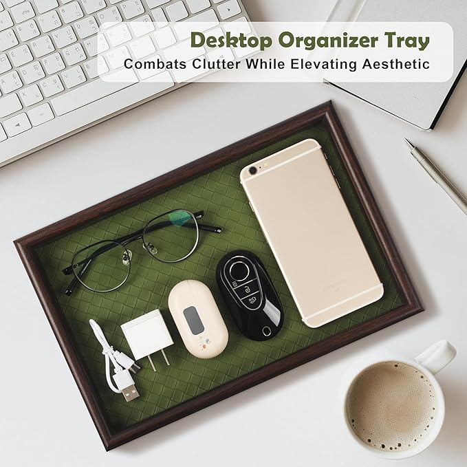 Zosenley Wooden Valet Tray with Leather Base - Nightstand Catchall Organizer for Cologne, Perfume, Keys, Wallet, Phone, Watch, Jewelry & Sunglasses (2Pcs Green)