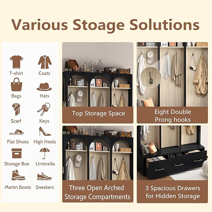 Bellemave Farmhouse Hall Tree with Bench and 3 Drawers, Entryway Bench with Coat Racks and Shoe Storage, 4 Hooks and Shelves (Black)