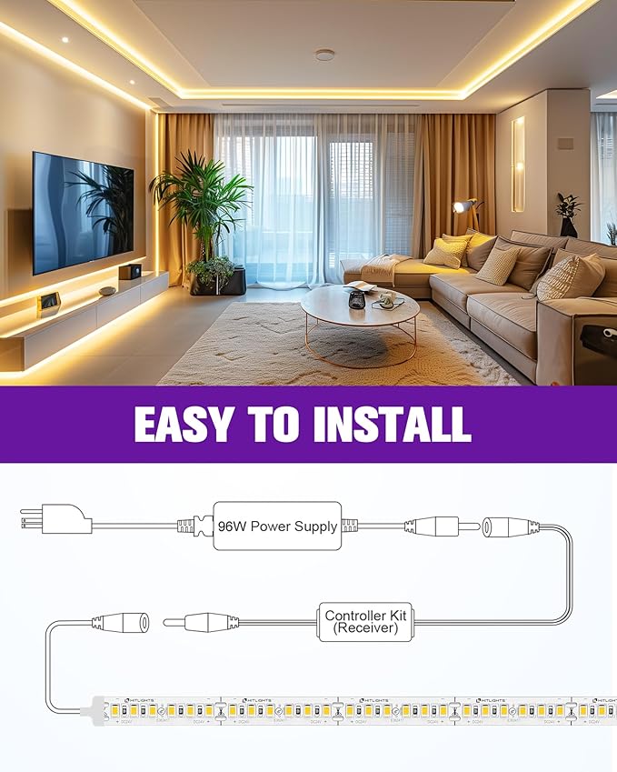 HitLights LED Strip Lights Kit Warm White with Remote & 24V Power Supply, 16.4ft Dimmable Tape Light 3000K, 600 LEDs, 425 lm/ft, CRI 90+, IP30, UL Listed, Lighting for Bedroom, Kitchen, Under Cabinets