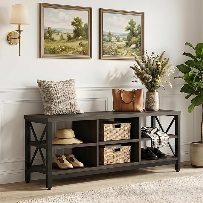 FATORRI Shoe Bench Entryway with Storage, Industrial Wood and Metal Hallway Benches with Adjustable Shelves, Rustic Entry Way Bench for Living Room (47.24 Inch Long, Walnut Brown)