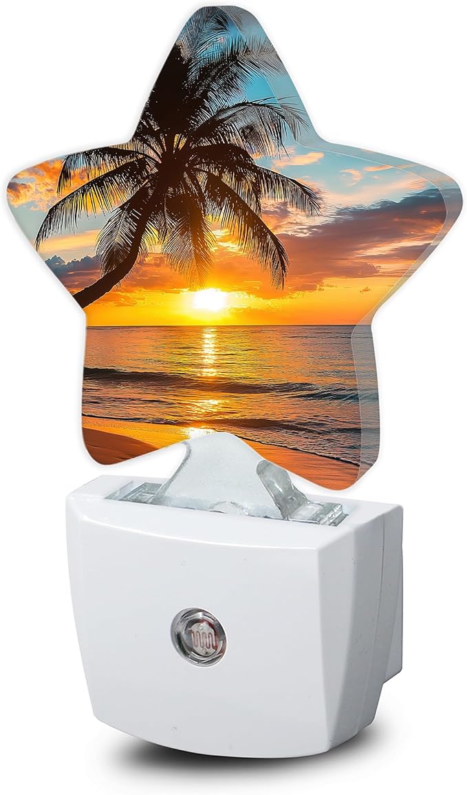 Tropical Palm Trees Nightlight,Sunset Beach Star Night Lights Plug into Wall Decorations for Bedroom Bathroom,Dusk to Dawn Sensor Kitchen Hallway Stairs Energy Efficient Desk Lamp