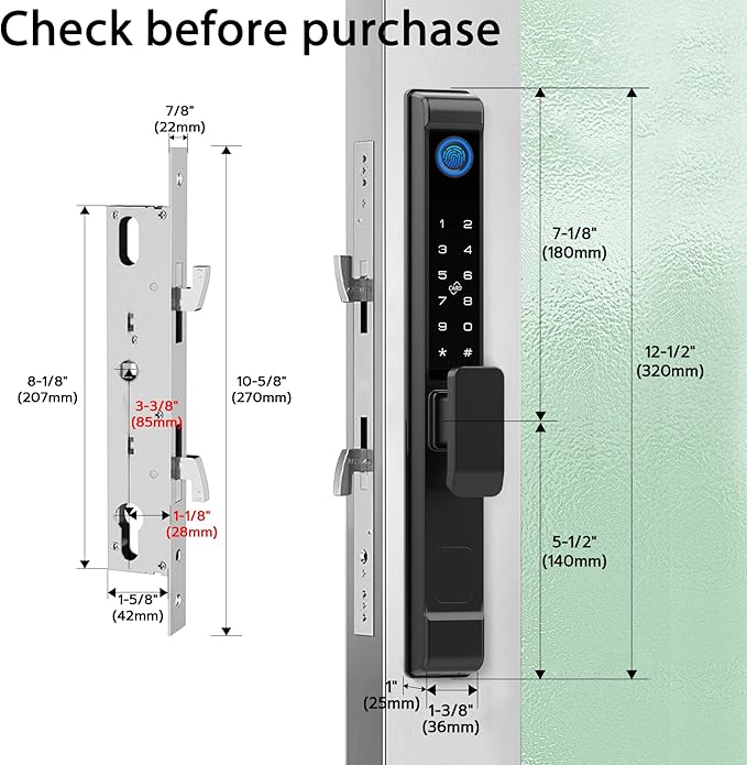 eLinkSmart Slim Keypad Door Lock Built-in WiFi Fingerprint Keyless Entry Mortise Smart Lock for Sliding Patio Glass Door, 2885 Hook Latch, Fits 22–110mm (0.87"-4.33") Door Thickness, Tuya App
