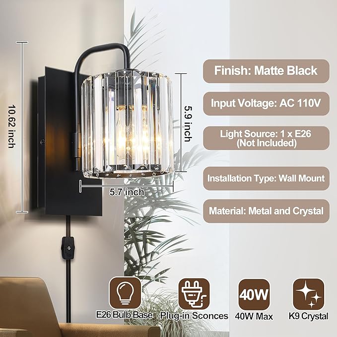 Plug in Sconces, Square Crystal Sconce Black Plug in Wall Sconce with On Off Dimmer Cord, Glass Wall Light Fixtures for Living Room Bedroom Hallway Staircase Bedside
