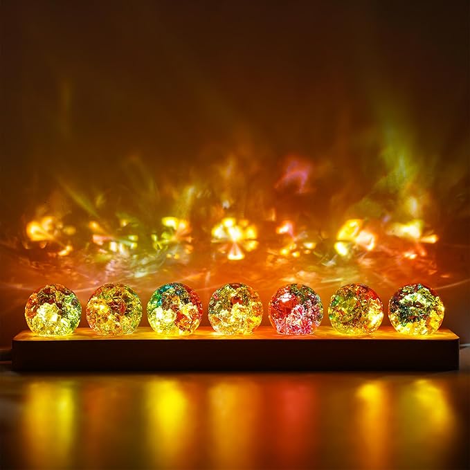 Set of 7 Crystal Balls Night Light Decor Healing Spheres with LED Wooden Stand for Meditation Energy Balancing Home Office Decoration Valentines Gifts for Women