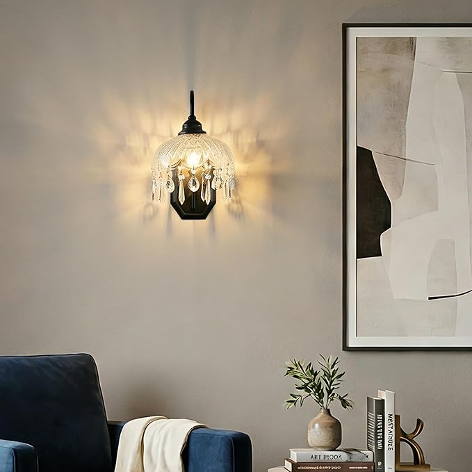 2-Pack Vintage Glass Crystal Wall Sconce, Matte Brushed Antique Black Finish, for Bedroom Bathroom Hallway Living Room