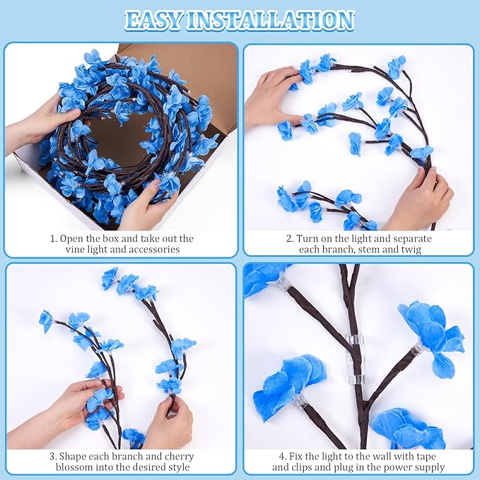 Blue Cherry Enchanted Willow Vine Lights,4FT 48 LED Cherry Blossom Lights with Remote Timer,8 Lighting Modes,LED Tree Branch Light for Wall,Cherry Blossom Wall Decor for Bedroom Living Room Windows