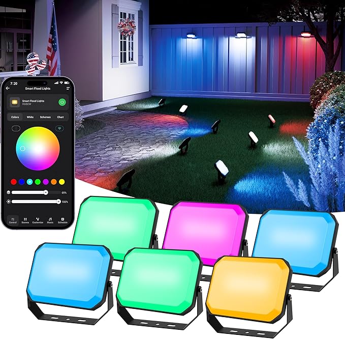 BrizLabs Smart Flood Lights Outdoor, 6 Pack RGBCW Wired Landscape Lights, APP & Voice Control Color Changing LED Floodlights, IP65 Waterproof Pathway Lighting for Independence Day Garden Yard House