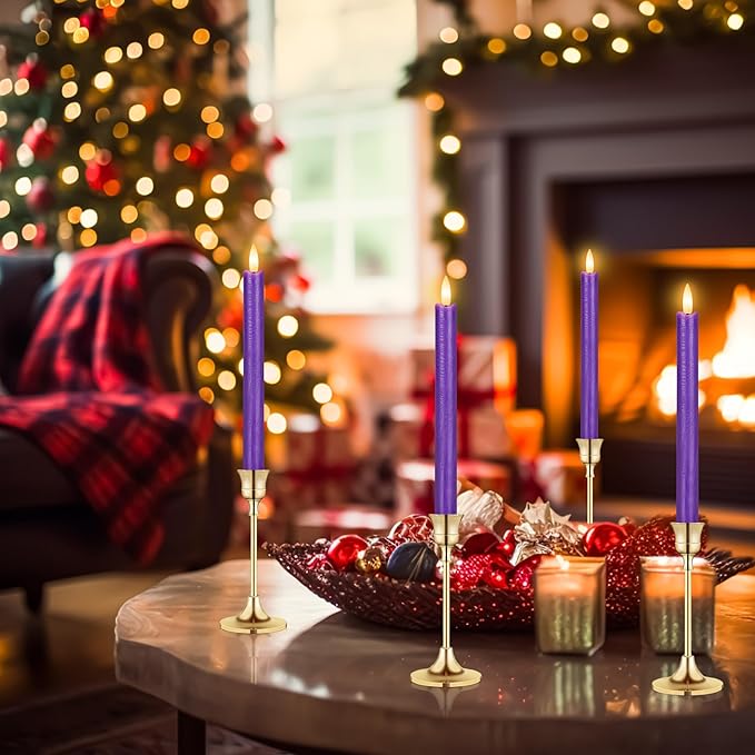 Purple Flameless Taper Candles with Remote, 3 Pack Flickering LED Candlesticks, Real Wax Battery Operated Christmas Window Candles for Winter Home Holiday Decoration