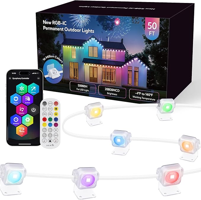 Permanent Lights Outdoor,Smart RGB LED Lights with 66 Scene Modes,50FT LED Eaves Lights IP67 Waterproof,Color Changing String LED Lights for House,Party,Holiday,Christmas,All year-round Decor