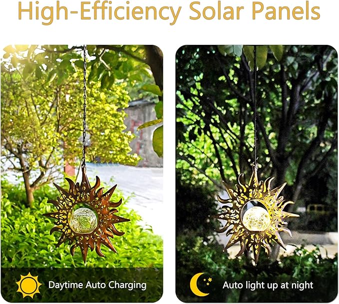 Solar Lights Outdoor Waterproof Garden Decor Hanging Sun Lanterns with Crackle Glass Ball LED for Garden Patio Yard Porch, Unique Gardening Gifts for Women Mom Grandma