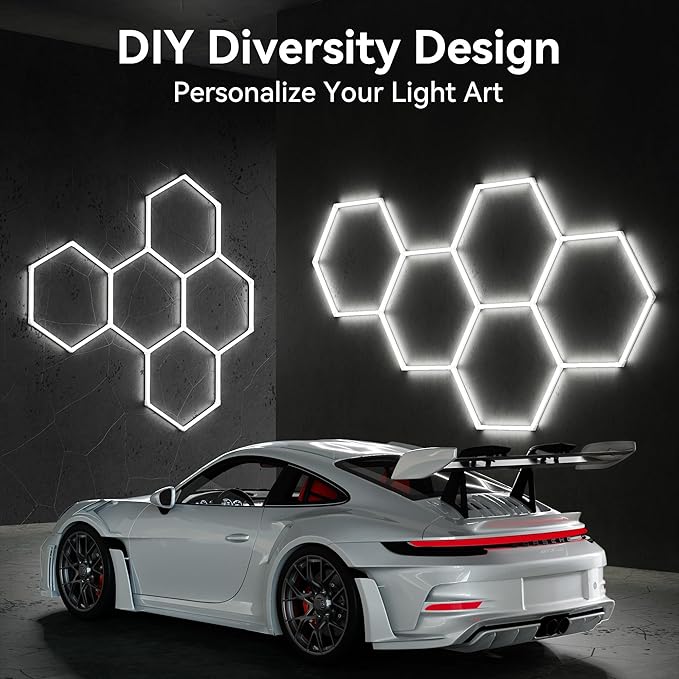 MODERN Hexagon Garage Light, 38880LM Ultra Bright, 6500K Daylight White, 8-Grid Anti-Glare for Garage, Workshop, Gym