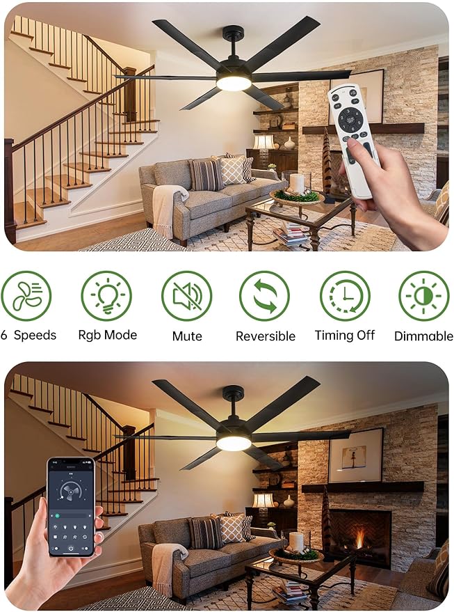 60" Smart Ceiling Fan with RGB Chasing Lights – Quiet DC Motor with Sectional Blades Dimmable CCT via App & Remote Control, Fits Flat or Sloped Ceiling Mount for Large Living Rooms, Black
