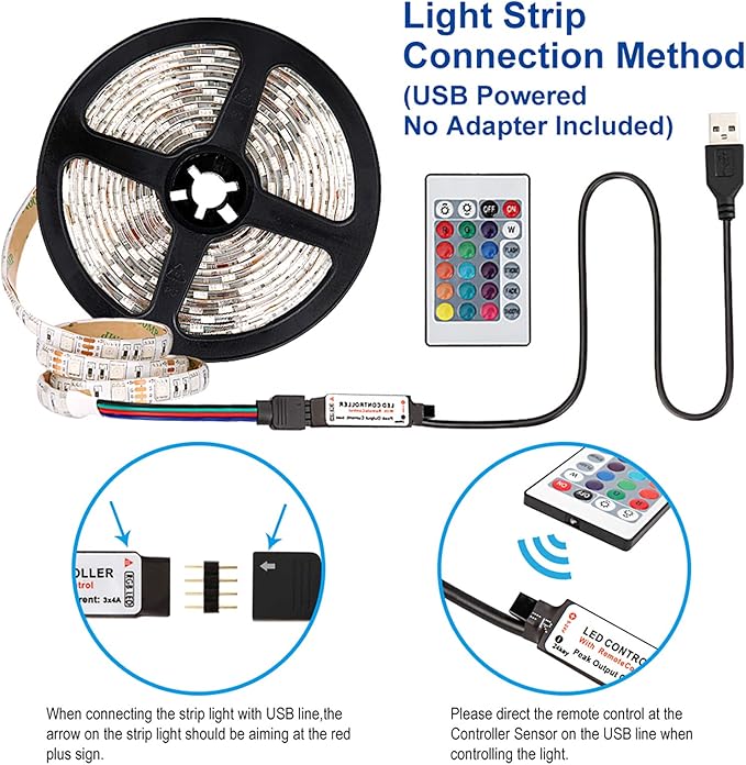 3M 10FT RGB LED Strip Lights, IP65 Waterproof Colored USB TV Backlight with Remote, 16 Color Changing 180 5050 LEDs Bias Lighting for HDTV, Multicolor for TV PC Background Lighting, No Adapter