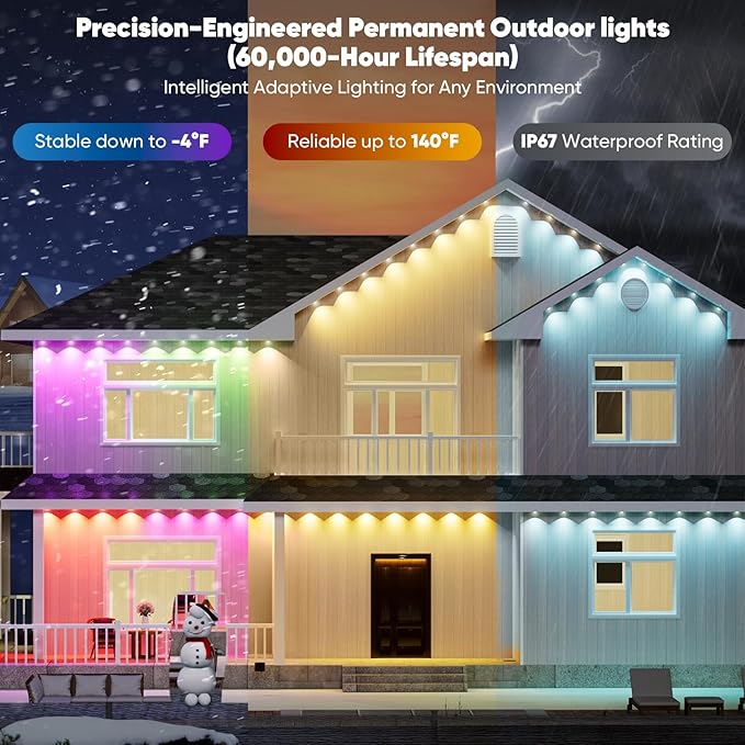 Smart Permanent Outdoor Lights for House, 150ft with 72 Smart AI RGB+IC Smart Christmas Lights, 98 Scene for Halloween Christmas All Holiday Decor, IP67 Waterproof Work with Alexa, Google Assistant