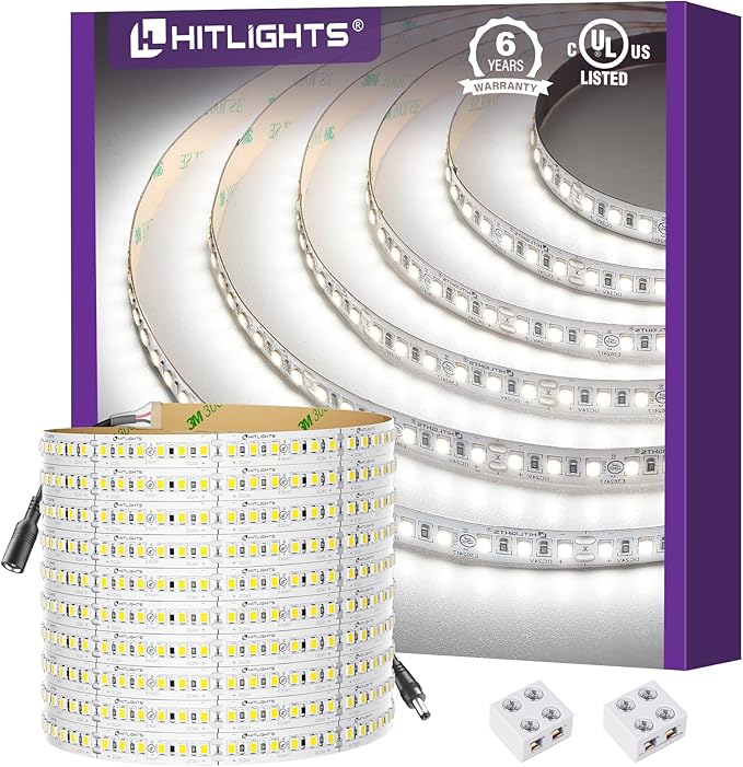 HitLights White LED Strip Lights 5000K, 16.4ft Premium High Density 24V Tape Light, 600 LEDs, 426 LM/FT, CRI 90+, IP30, Lighting for Kitchen, Under Cabinets, UL Listed (Power Source Not Included)