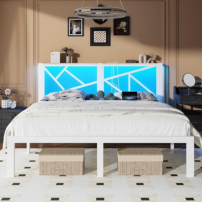 King White Metal Bed Frame with USB Charging Station, LED Ambient Lighting, and Wooden Storage Headboard - Includes Under-Bed Storage, No Box Spring Needed, Noise Free, Easy to Assemble
