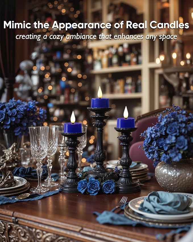 Amagic Flameless Blue Timer Remote Tealights Candles, 3D Black Wick Flickering Tea Light, 300+Hour Colored Votive Candles Battery Operated, Set of 12 for Wedding, Theme Party, Aniversary, Halloween