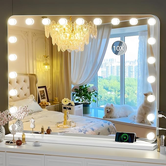 Hasipu Vanity Mirror with Lights, 40" x 29" Hollywood Mirror, Makeup Mirror with 21 Dimmable Bulbs and 10X Magnification, 3 Colors Modes, Touch Control, USB Charging Port, Type-C (Round White)