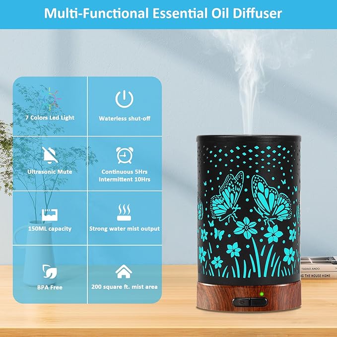 Essential Oil Diffuser - 150ML Metal Aromatherapy Diffuser for Essential Oils with 7 Colors Lights Gifts for Mom Auto Shut-Off & Ultrasonic Cool Mist Diffuser, Ambience for Home