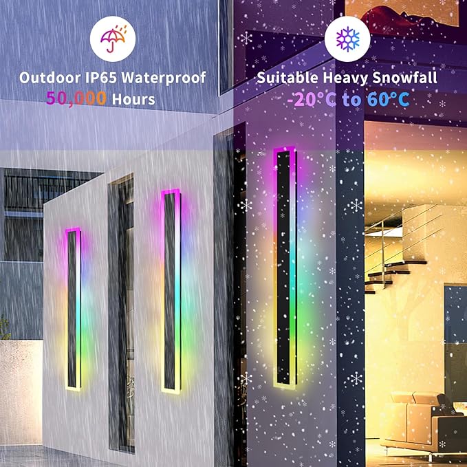Outdoor RGB Long Wall Lights, 57.5inch 2 Pack RGB/Warm/White Dimmable Modern Led Wall Lighting, Ip65 Waterproof Long Wall Sconce with Remote and APP Control for Outdoor/Indoor